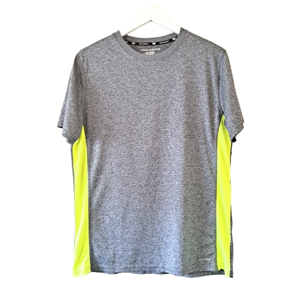 Tek Gear DryTek Gray Heather & Lemon Crewneck Short Sleeve Athletic Tee T- Shirt
